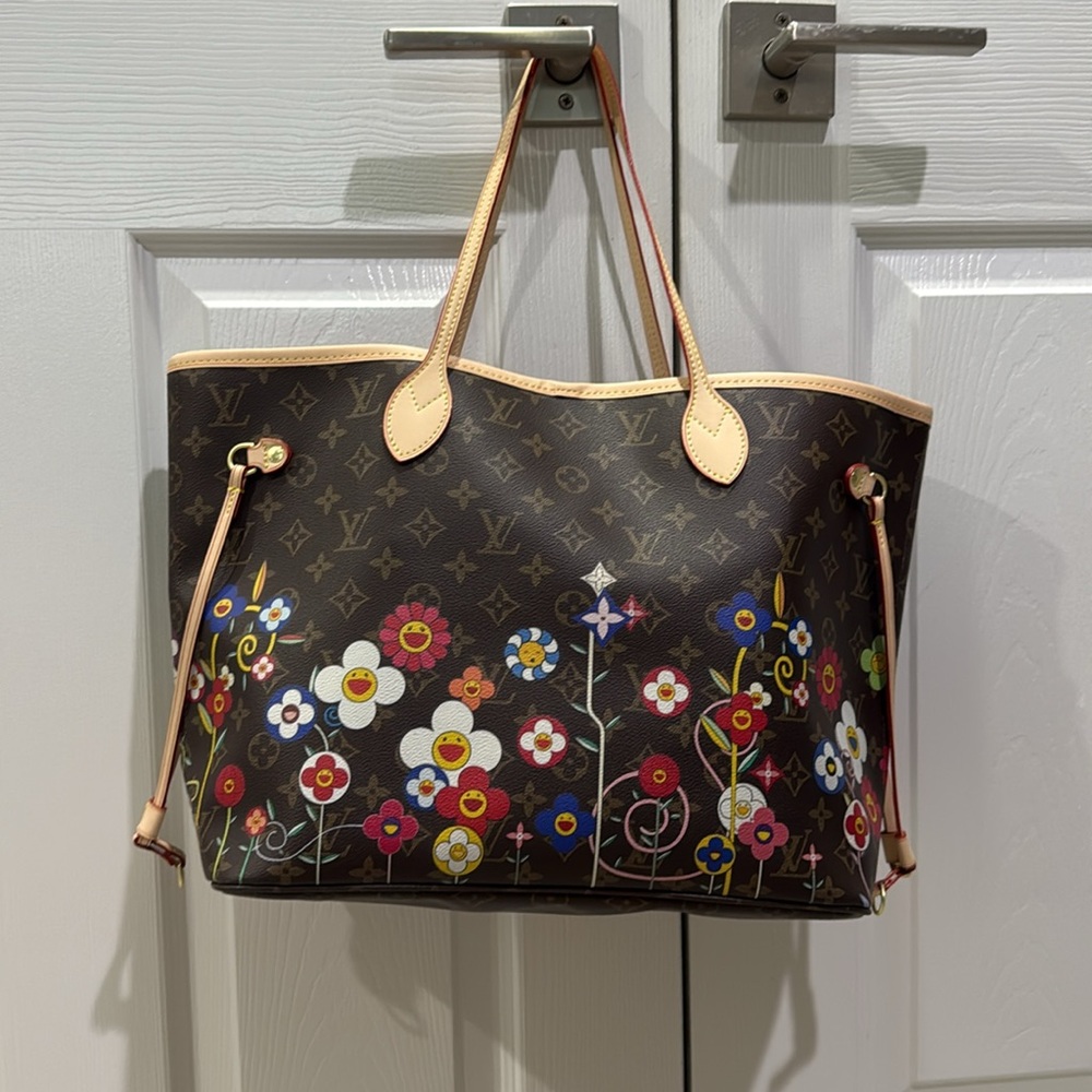 Brown Monogram Floral Tote with Multicolor Flowers - Picture 2 of 9